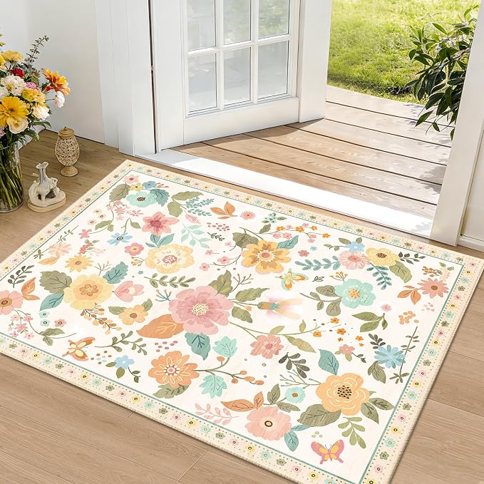 RELEANY Floral Washable 2x3 Area Rugs Doormat Beige/White/Orange | Flower - Image 2