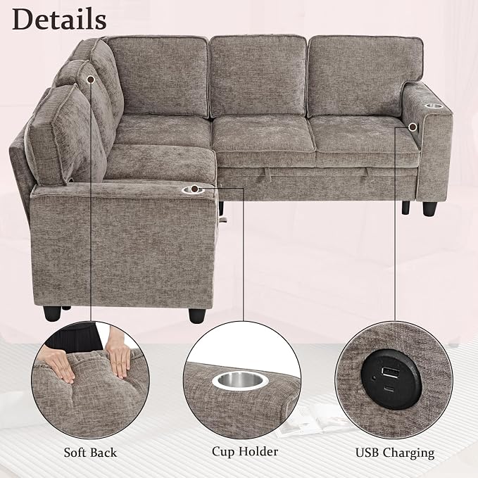 L-Shaped Sectional Couch with Storage and Pull Out Bed, Convertible Sofa Bed - Image 8