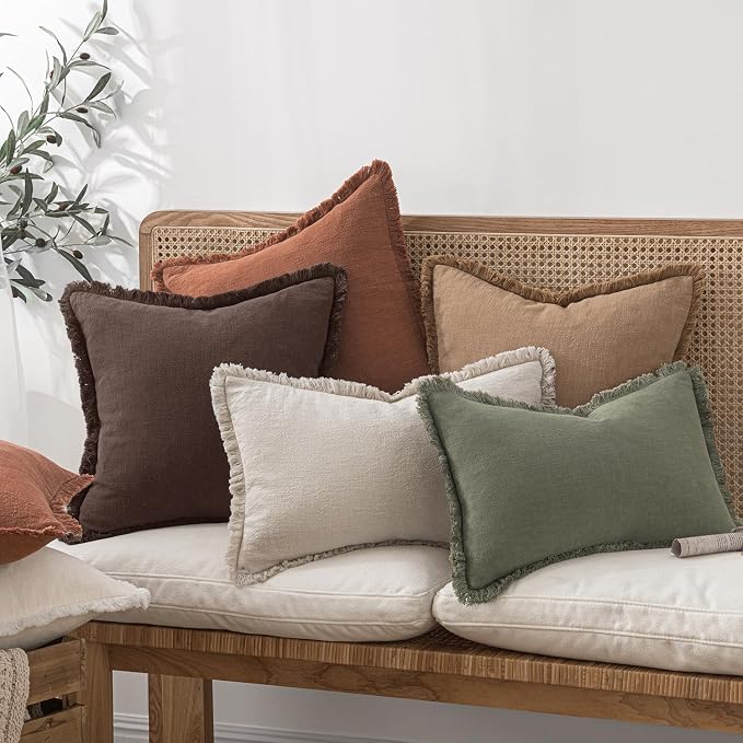 MIULEE Linen Fringe Decorative Fall Throw Pillow Covers Dark Brown 20x20 | Set - Image 2