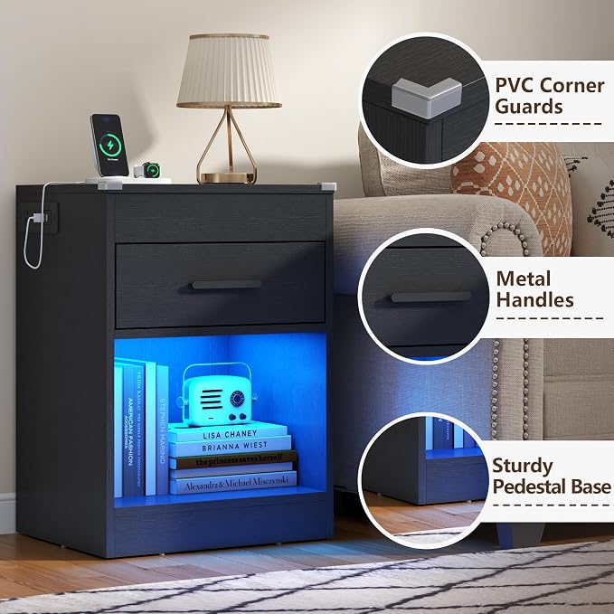 Gyfimoie Led Night Stand with Charging Station & RFID Lock Cabinet, Smart - Image 7