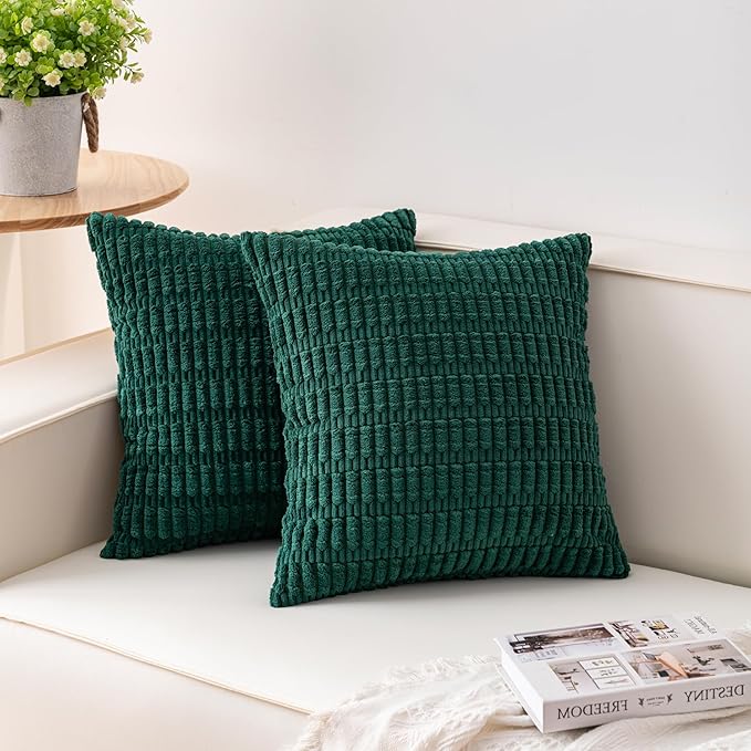 Pack of 2 Corduroy Decorative Throw Pillow Covers 18x18 Inch, Dark Green | Fall by Unknown