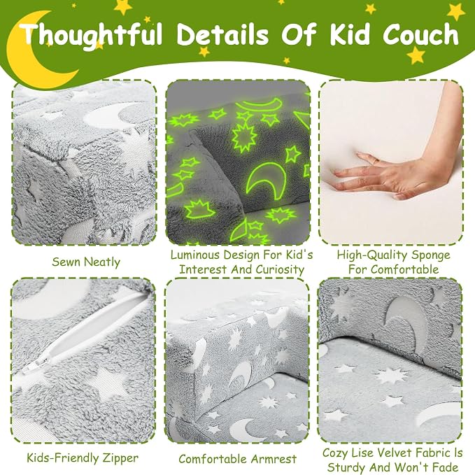 Kids Couch, Dark Grey | Glow-in-The-Dark, Chair Seat, Playroom Furniture - Image 5