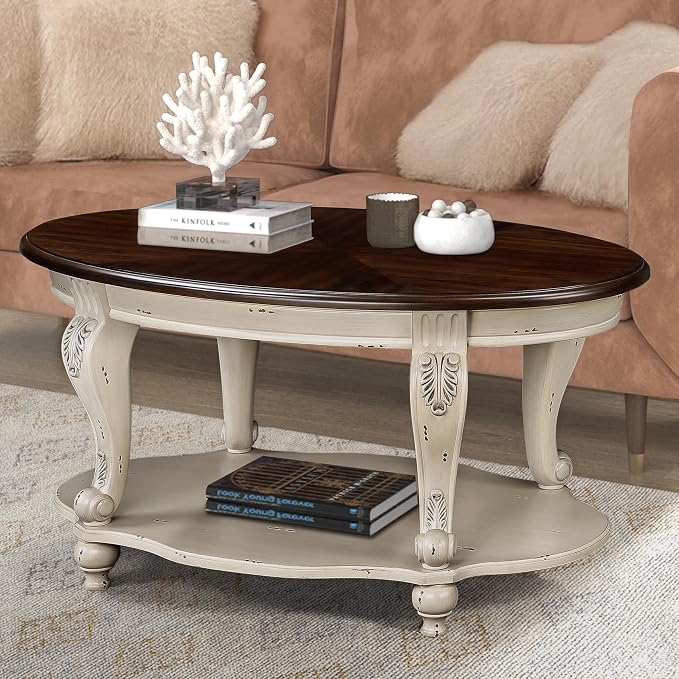 Oval Wood Coffee Table for Living Room, 2-Tier Solid Wood Coffee Table - Image 2