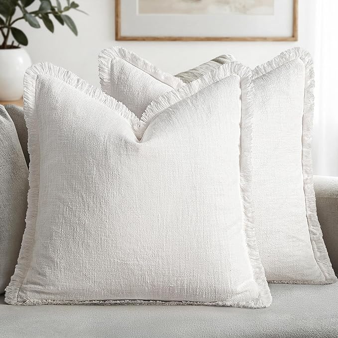 MIULEE Boho Linen Fringe Decorative Euro Throw Pillow Covers White 26x26 | Set by MIULEE