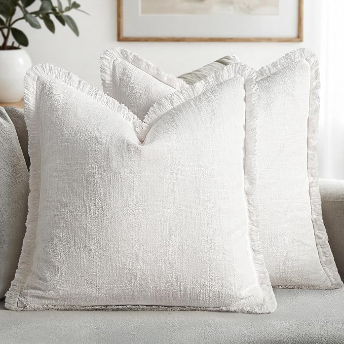 MIULEE Boho Linen Fringe Decorative Throw Pillow Covers White 20x20 | Set of 2 by MIULEE
