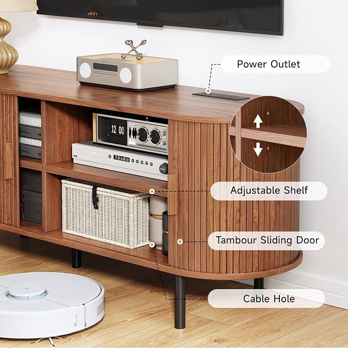 55" TV Stand with Power Outlet, Mid-Century Modern Television Stand, Fluted - Image 3