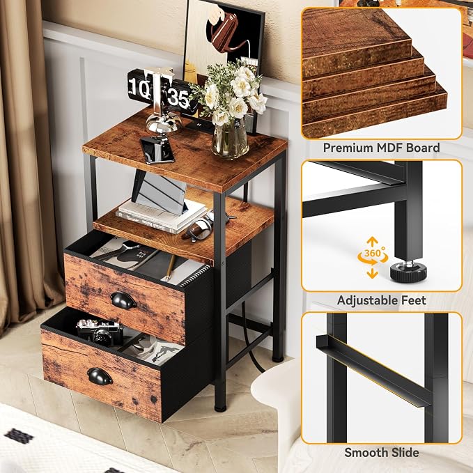 Furologee Nightstand with Charging Station, End Table with LED Lights, Bedside - Image 6