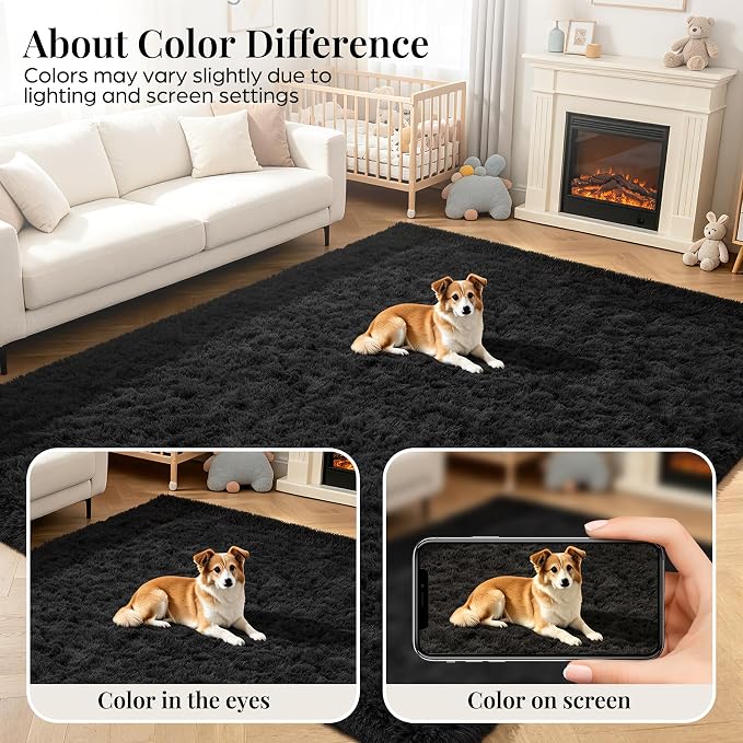 PLHXFR 8x10 Area Rugs Living Room: Fluffy Bedroom Rug Shag Carpet Black | - Image 7