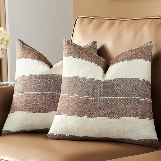 AmHoo Pack of 2 Farmhouse Stripe Check Throw Pillow Covers Set Case Cotton - Image 2
