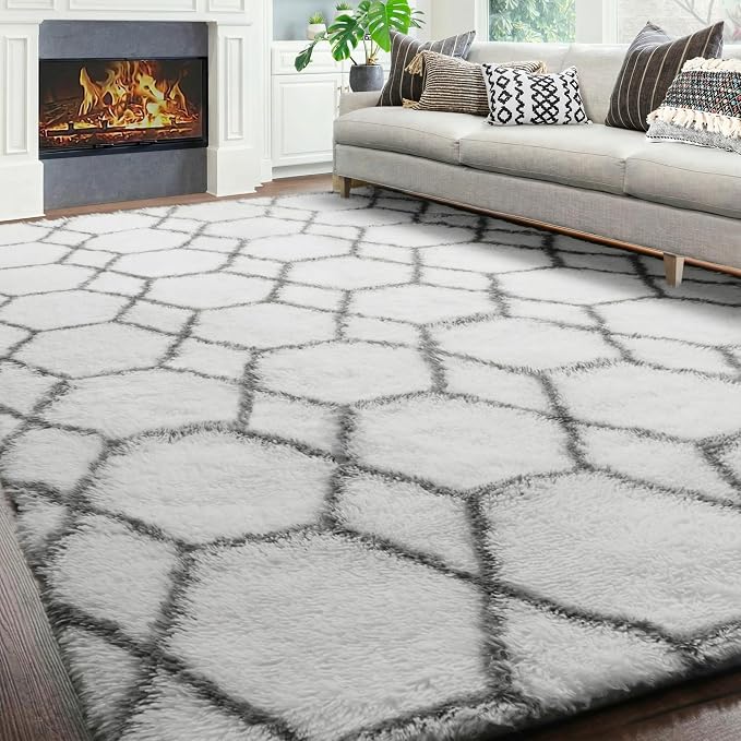 7x9 Area Rugs for Living Room Bedroom, Fluffy White and Grey Geometric Rug | - Image 9