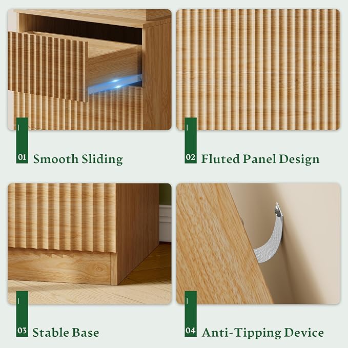 Xixini Nightstand with Charging Station and LED Lights, Fluted Night Stand with - Image 6