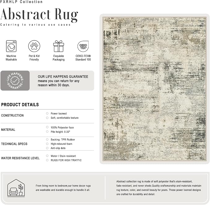 5x8 Area Rug Living Room: Modern Washable Soft Carpet Ash Brown | - Image 3