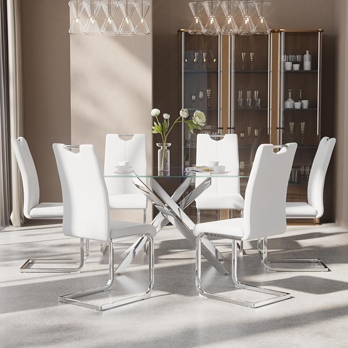 7-Piece Dining Table Set for 6, Modern Rectangular Glass Table - Image 3