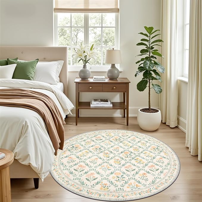 PLHXFR Round Area Rug Living Room: 4 ft Floral Washable Carpet Beige Multi | - Image 3