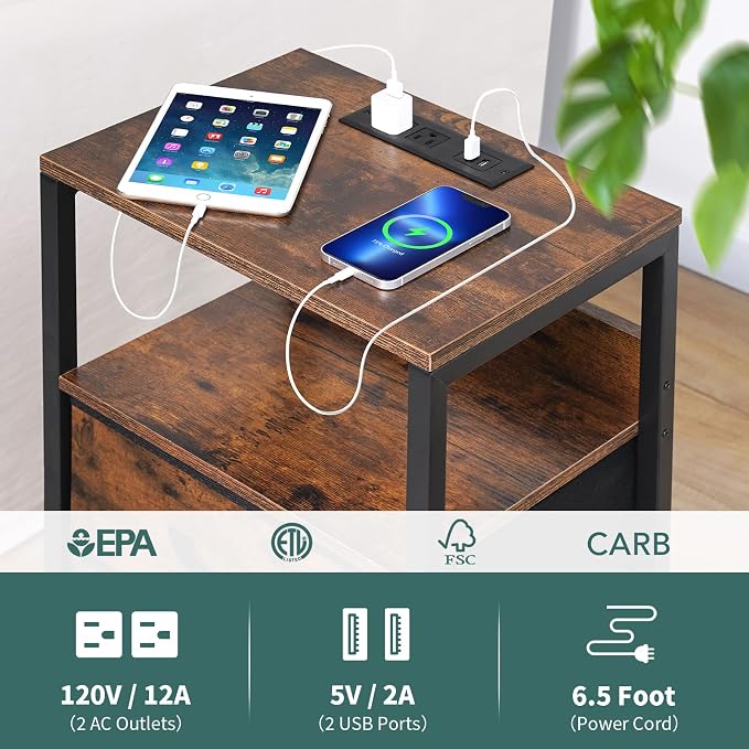 Yoobure Nightstand with Charging Station, Small Night Stand with Fabric Drawers - Image 5