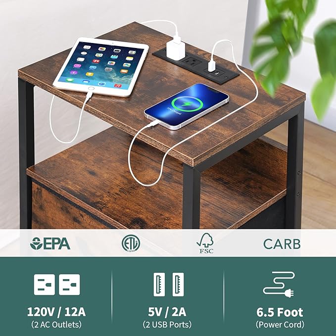Yoobure Nightstand with Charging Station, LED Night Stand with Fabric Drawers - Image 6