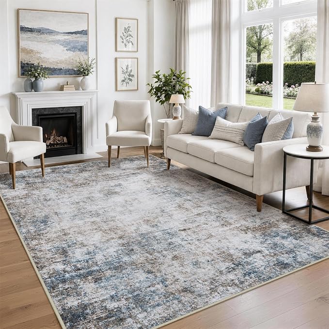 9x12 Area Rugs for Living Room Washable Bedroom Dining Room Brown Blue | Modern - Image 9