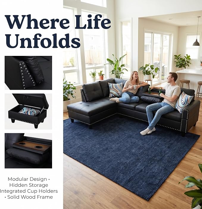 97.5" Leather L Shaped Couch Set Black, Modular Sectional Couches - Image 4