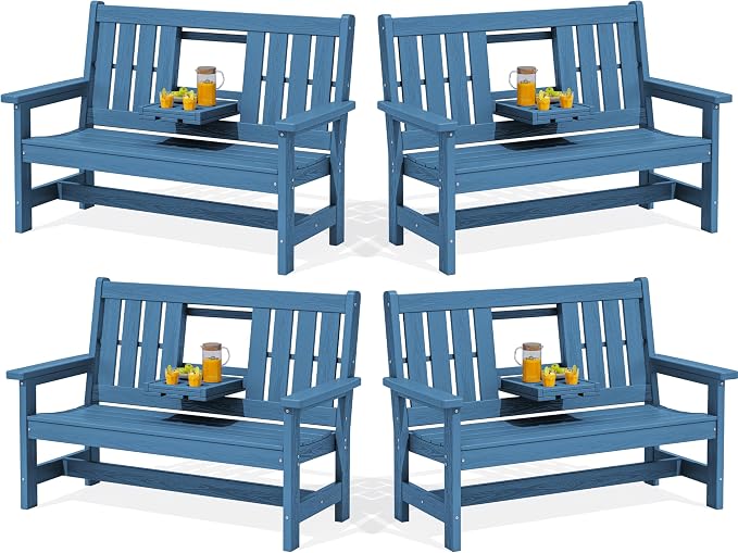 SERWALL Outdoor Bench with Cup Holder, Oversized 58" HDPE Porch Bench Suitable by SERWALL