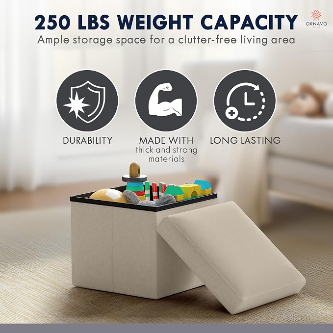 Ornavo Home Small Storage Ottoman Foldable Collapsible Cube Square Linen - Image 6