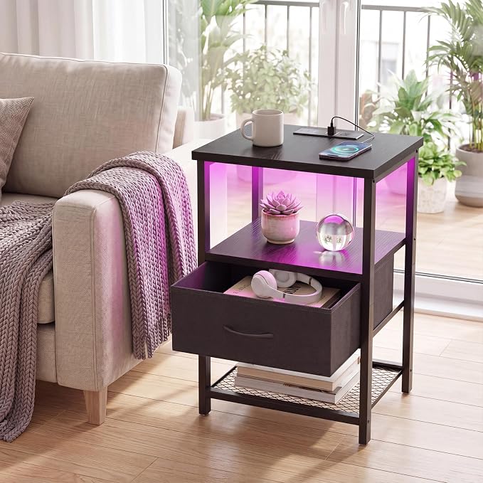 Fixwal Night Stand with Charging Station, LED Nightstand Side Table with Fabric - Image 7
