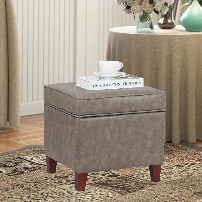 Adeco 17.5" Square Storage Ottoman, Faux Leather Flip Top Footstool & Coffee - Image 6