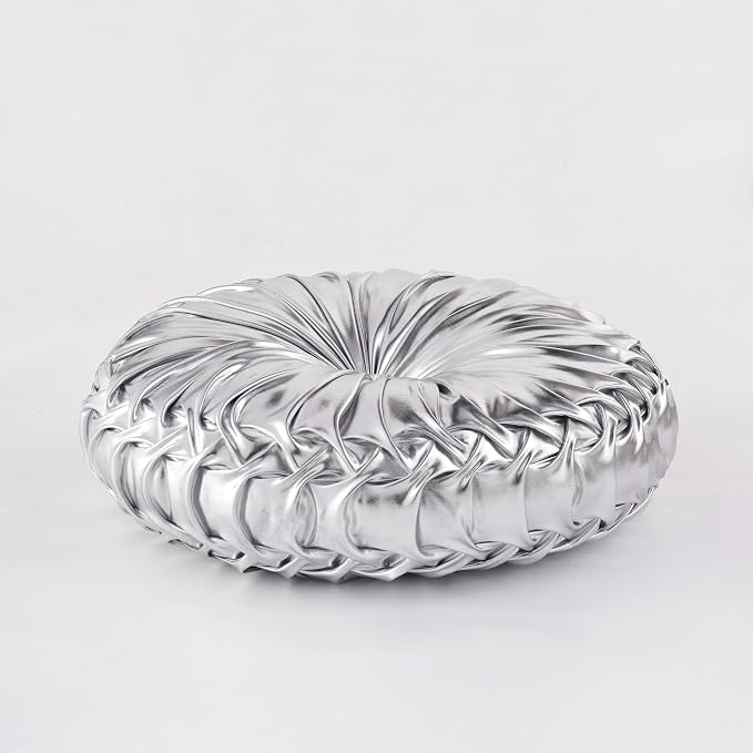 HIG Set of 2 Silver Metallic Leather Decorative Round Pleated Throw Pillows | - Image 6