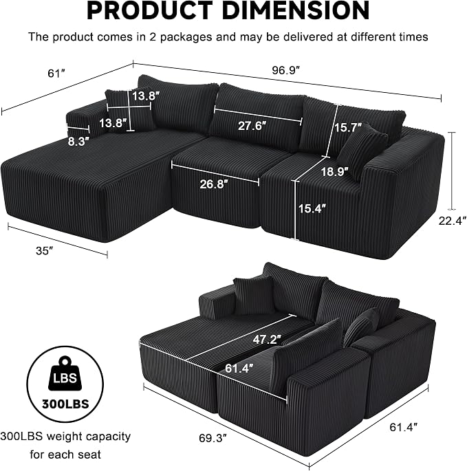 Weture 97" Modular Sectional Sofa, L-Shaped Boneless Couch - Image 3