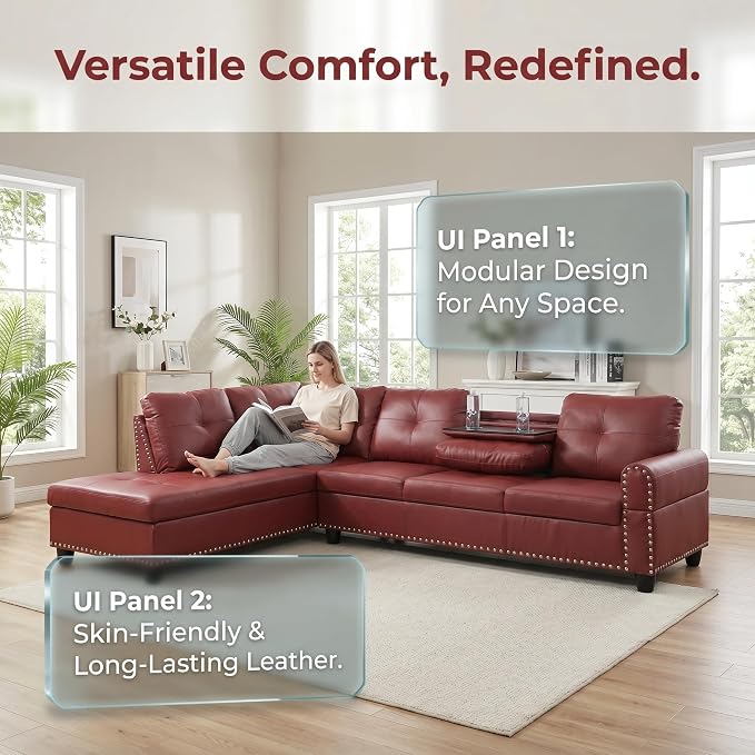 97.5" Red L Shaped Couch Set Leather, Modular Sectional Couches - Image 5