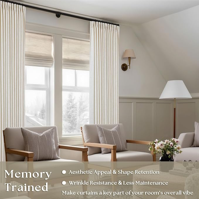 Natural Pinch Pleated Linen Curtains 112 Inches Long 2 Panels Set | Memory - Image 2