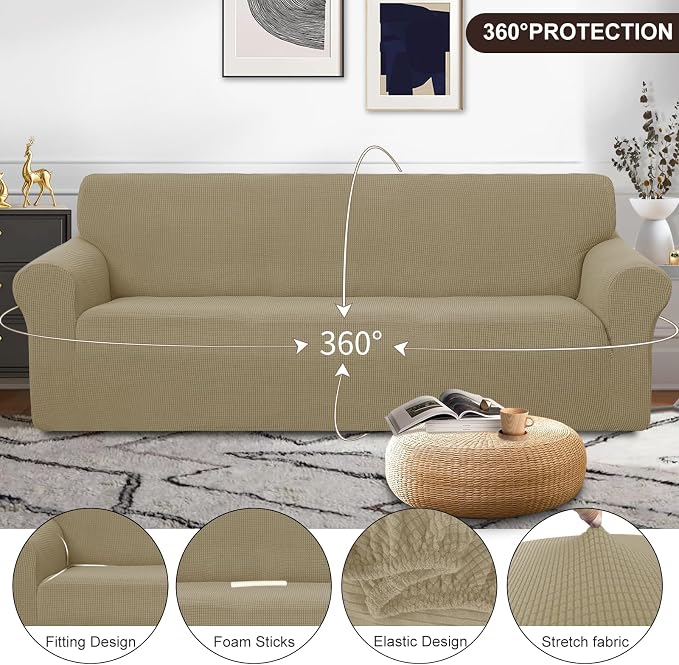 U-NICE HOME Oversized Stretch Couch Cover Slipcover, Sand | 3 Cushion Sofa - Image 3