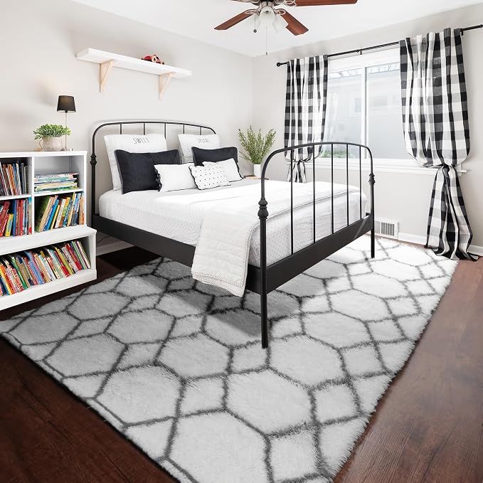 Area Rugs for Living Room, 5x8 Fluffy White and Grey Bedroom Geometric Rug | - Image 6