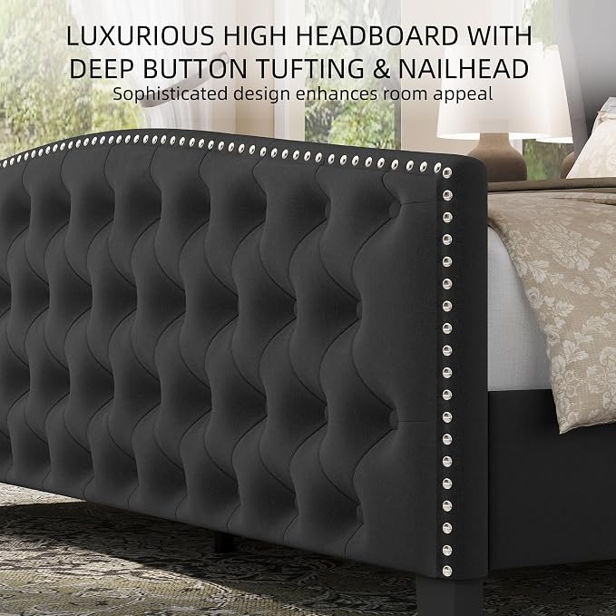 BRELTAM Upholstered Queen Size Bed Frame Velvet Tufted Platform Bed Frame - Image 4