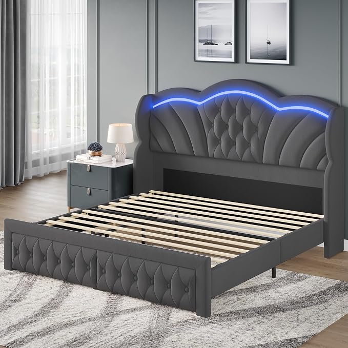 Keyluv Queen Bed Frame with LED Lights and 2 Storage Drawers, Velvet - Image 9