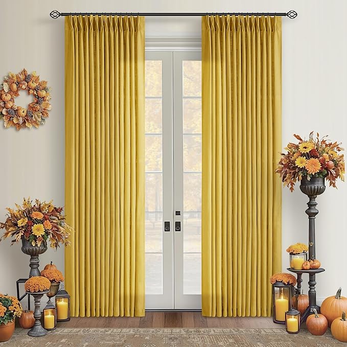 Pinch Pleated Mustard Yellow Linen Curtains 84 Inches Long 2 Panels Set | by Twodrapes
