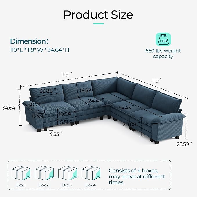 LINSY HOME Modular Sectional Sofa, 5-Seat Corduroy Modern Cloud Couch - Image 2