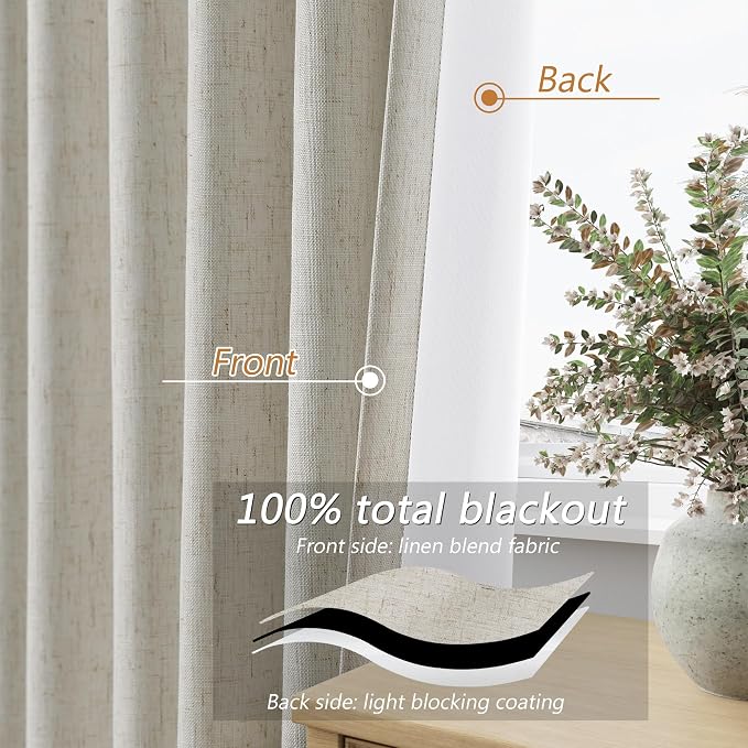 100% Blackout Linen Curtains for Bedroom 90 inches Long, Thermal Insulated Room - Image 4