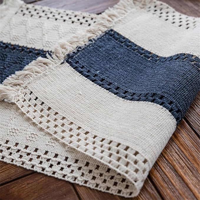 Macrame Table Runner Cream Beige and Blue Boho Table Runners - Image 4