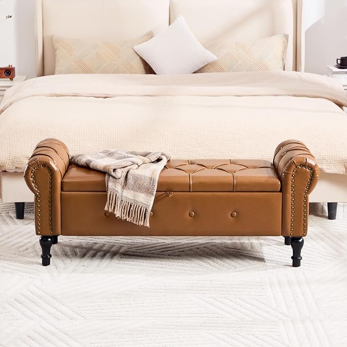 Storage Bench for Bedroom, Faux Leather 51" End of Bed Bench, Queen Size Bench - Image 3