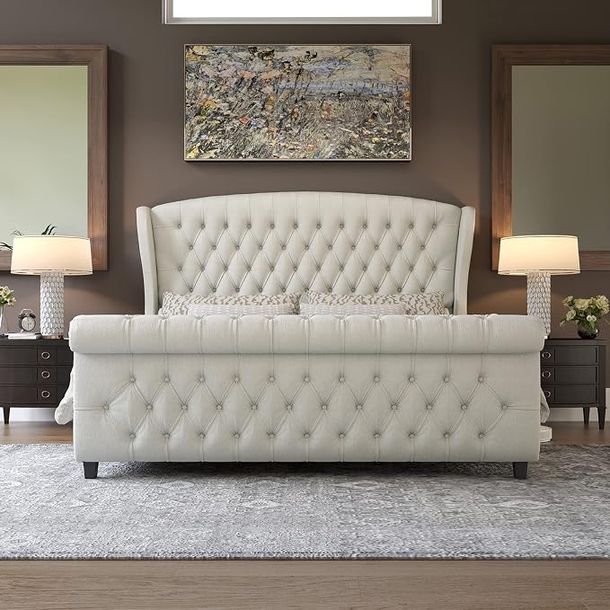 AMERLIFE King Size Platform Bed Frame, Chenille Upholstered Sleigh Bed - Image 3