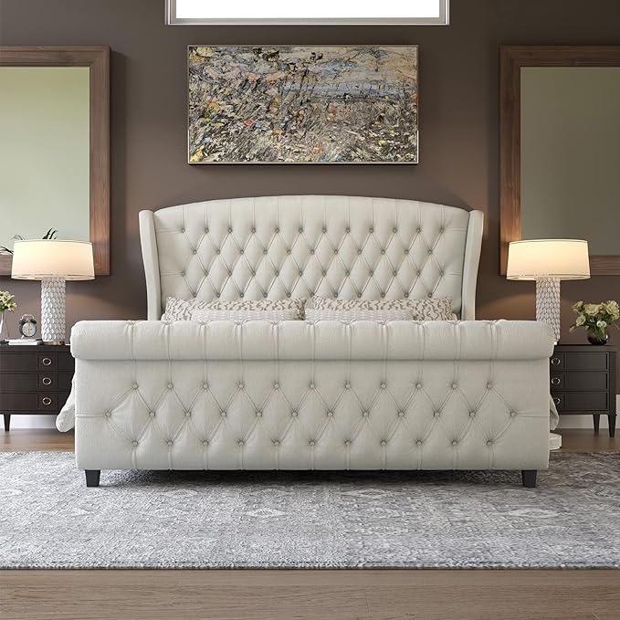 AMERLIFE Queen Size Platform Bed Frame, Chenille Upholstered Sleigh Bed - Image 3