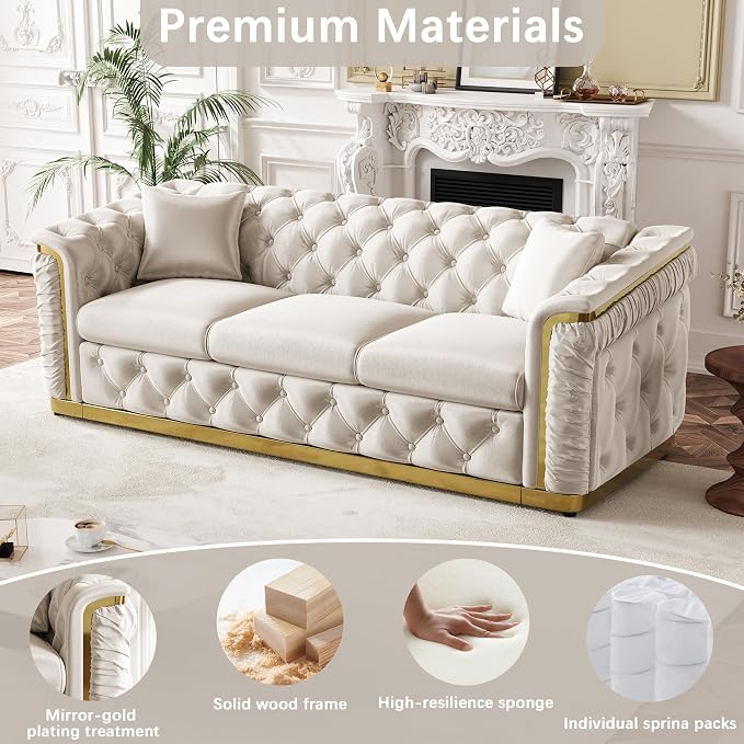 84.6" Luxury Chesterfield Sofa Velvet Tufted Sofa Black and Gold Couch - Image 8