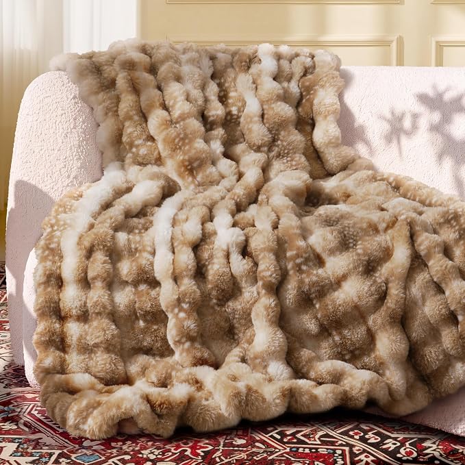 Ultra Soft Cozy Faux Fur Throw Blanket, Fuzzy Plush Thick Bubble Blanket by blunique