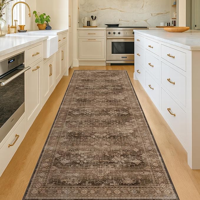 Brown Earthy Boho Washable 3x10 Extra Long Hallway Runner Rug, Waterproof Large - Image 3