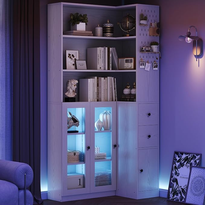 IRONCK Corner Bookshelf with LED Lights, 78.7" Tall Corner Bookshelves with 2 - Image 10