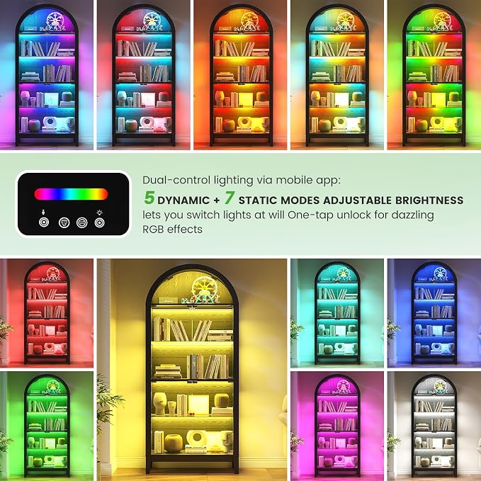 HNEBC Arched Display Case with RGB Lights, LED Curio Cabinet with Shelf - Image 4