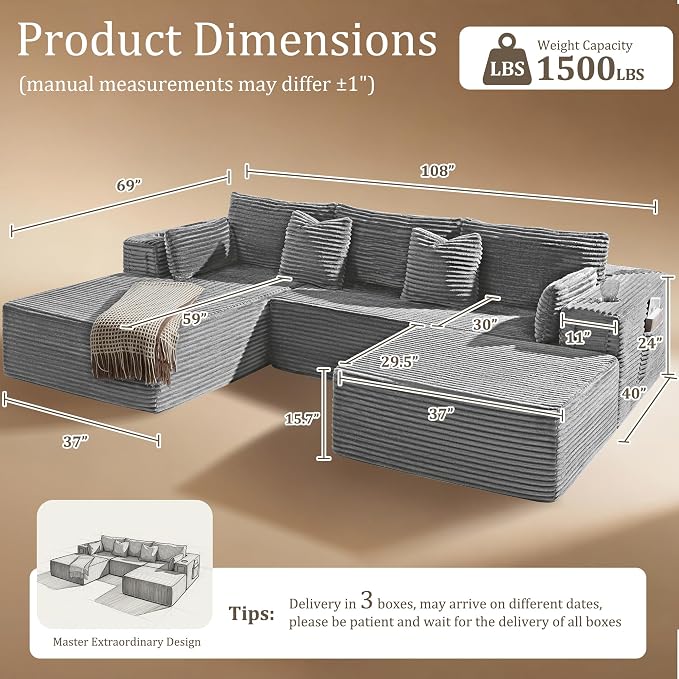 108" Oversized Cloud Sectional Couch, Comfort U Shaped Boneless Couch - Image 2