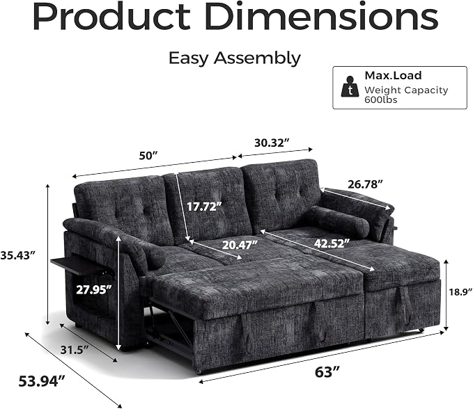 Convertible Sleeper Sofa Bed, 63 Inch Chenille Pull Out Couch - Image 2
