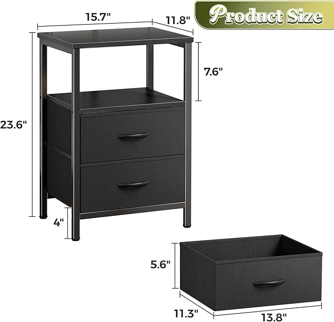 Huuger Night Stand with 2 Drawers, Bed Side Table with Open Shelf, Wooden Top - Image 3
