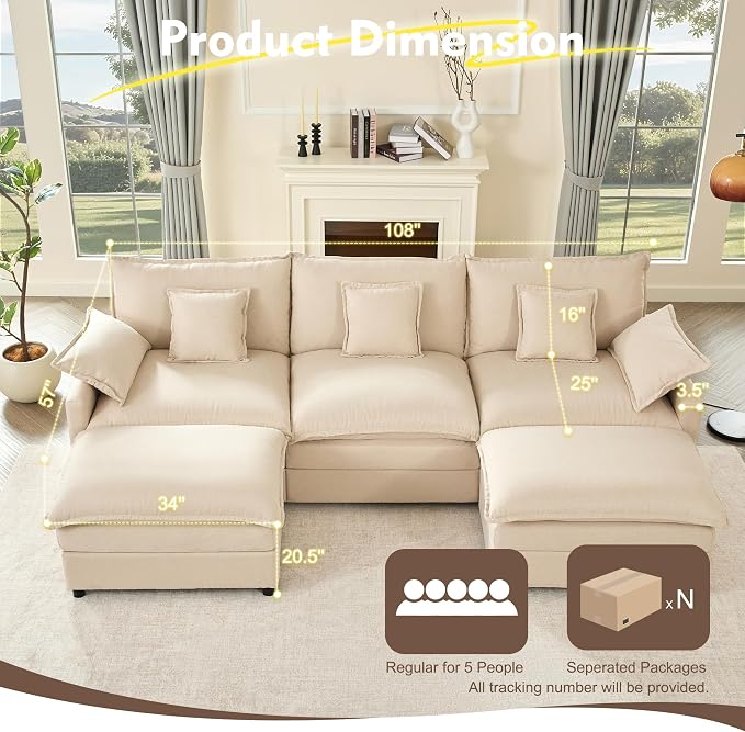 GOSUHI 108" U Shaped Couch, Modular Sectional Sofa, 3-Seater Comfy Cloud Couch - Image 2